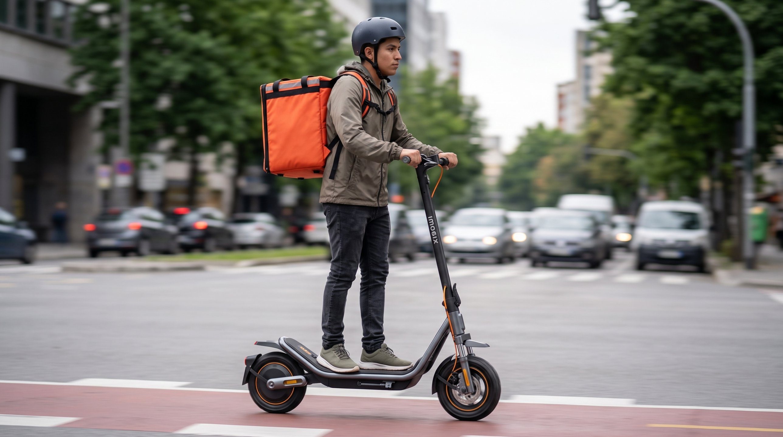 Repartidor con mochila de delivery rodando en scooter por la ciudad