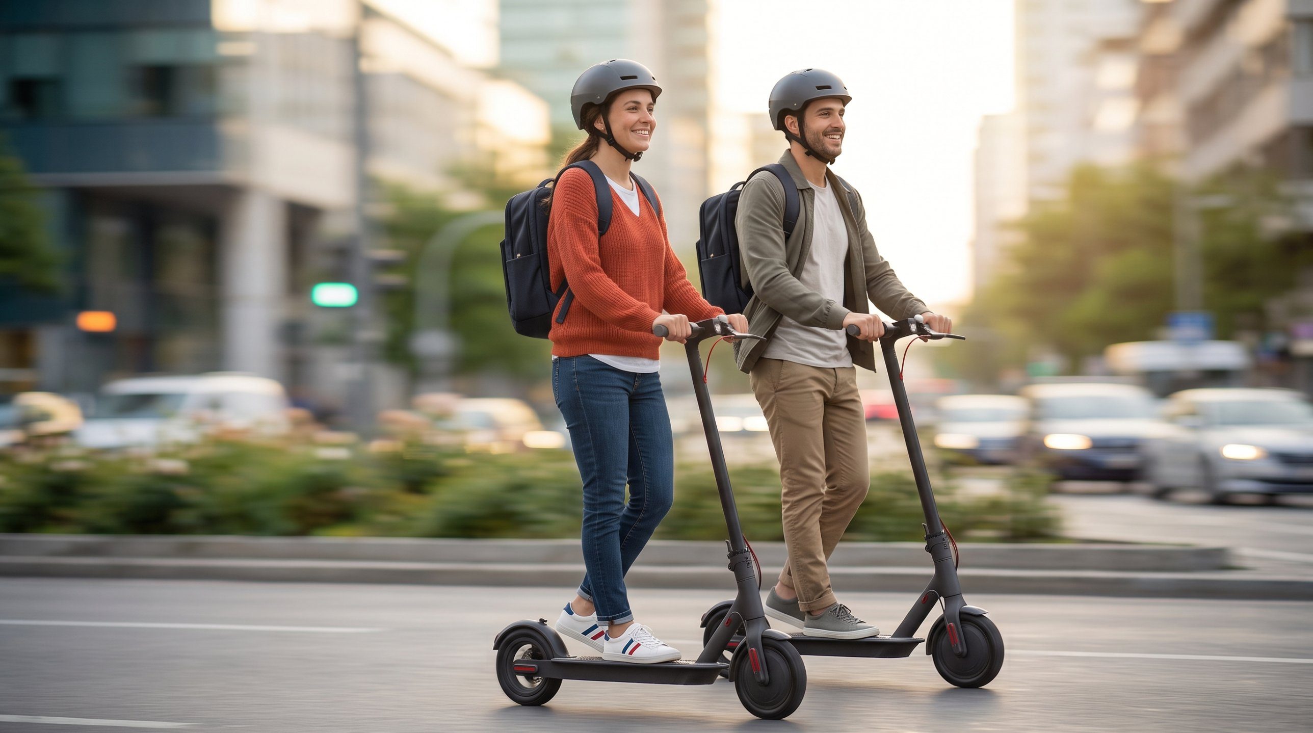 Dos personas con mochila y casco rodando en scooter por la ciudad