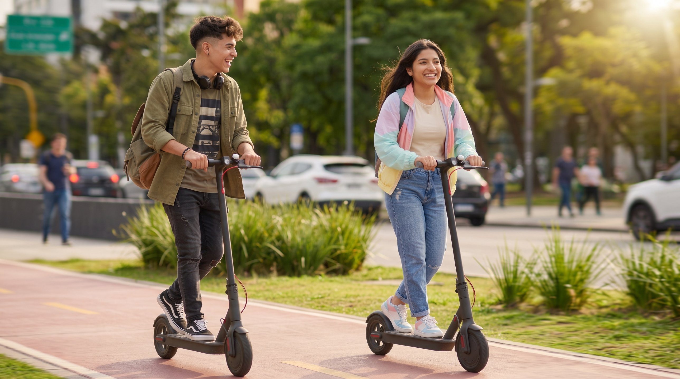 Pareja de jóvenes con mochila rodando en scooter por una ciclovía